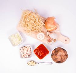 Chinese food - sweet and sour chicken with chow mein noodles ingredients