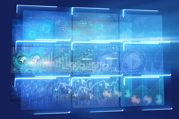 Many screen monitors with charts and graphs