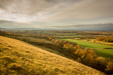 Autumn landscape view from Wolstonbury Hill, South Downs, Sussex, England. Taken close to sunset, looking out across farmland and woodland.