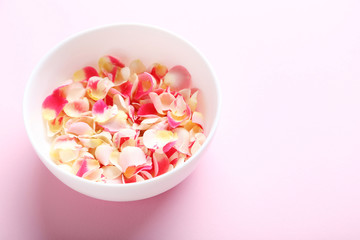 Fototapeta na wymiar Rose petals in white bowl on a pink background