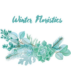 Winter watercolor floristic composition made of succulents and silver leaves. Vector decorative element for your design. Succulent watercolor border.