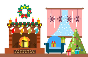 Fototapeta premium Christmas room interior. Christmas tree and decoration. Gifts and fireplace. Flat style vector illustration.