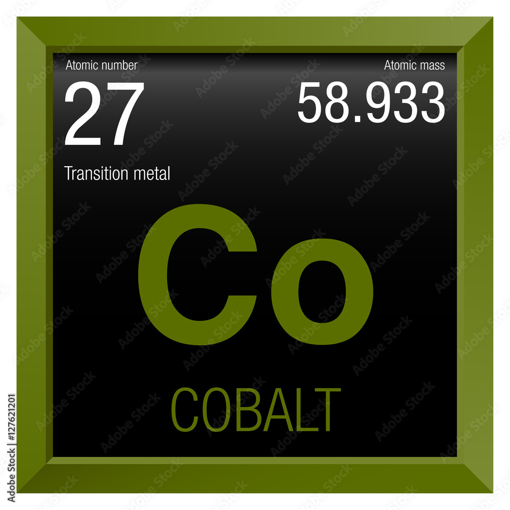 Poster Cobalt symbol. Element number 27 of the Periodic Table of the Elements - Chemistry - Green square frame with black background - Posters