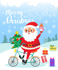 Merry Christmas. Santa Claus  on bicycle  with gifts . Greeting card. Vector illustration