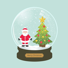 christmas snowglobe with fir tree and cartoon santa claus
