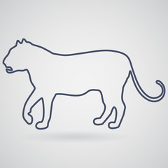 Silhouette, outline walking tiger with an open mouth on a gray b