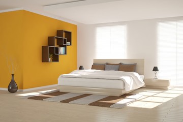 Orange bedroom. Scandinavian interior design. 3D illustration