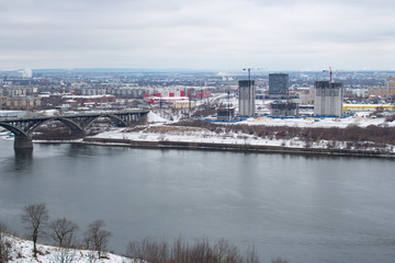 City bridge river winter building. Nizhny Novgorod, Russia