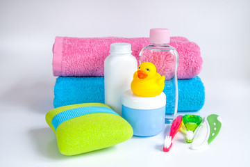 baby accessories for bath with duck on white background