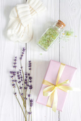 baby bath salt with lavender on wooden background