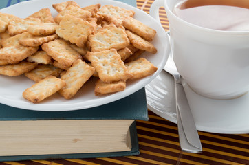 Plate with crackers and cup of tea