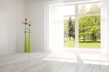 White room with flowers and green landscape in window. Scandinavian interior design