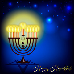 Fototapeta na wymiar Happy Hanukkah background. Elegant greeting card with menorah and david star.