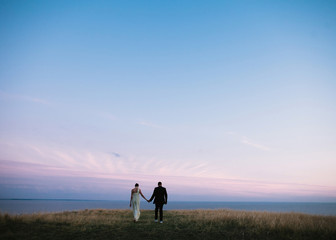 silhouettes of the bride and groom on a sunset background. romantic couple on a sunset background. wedding couple holding hands and go away.