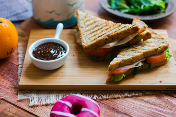 Top view of Healthy Sandwich, on a wooden background