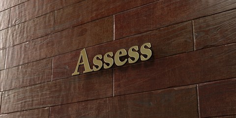 Assess - Bronze plaque mounted on maple wood wall  - 3D rendered royalty free stock picture. This image can be used for an online website banner ad or a print postcard.