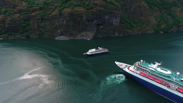 Cruise Ship, Cruise Liners On Sognefjord or Sognefjorden, Aerial footage Flam Norway