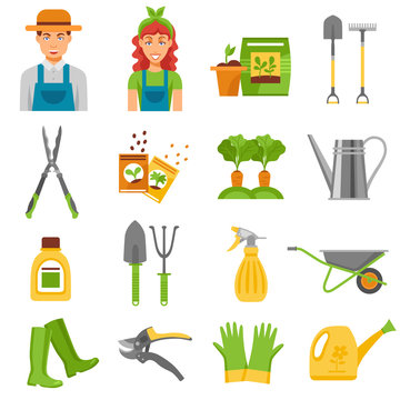 Gardener Tools Accessories Flat Icons Set 
