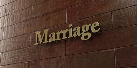 Marriage - Bronze plaque mounted on maple wood wall  - 3D rendered royalty free stock picture. This image can be used for an online website banner ad or a print postcard.