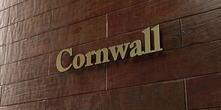 Cornwall - Bronze plaque mounted on maple wood wall  - 3D rendered royalty free stock picture. This image can be used for an online website banner ad or a print postcard.