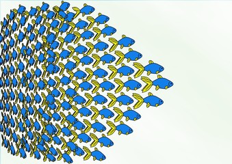 An illustration of a swimming school of bright blue fish