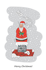 Cartoon character Santa Claus, a symbol of new year holidays and Christmas, for use in printing on greeting cards. Santa Claus holding a gift with background of snowflakes and Christmas trees.