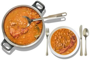 Baked Beans With Smoked Pork Ribs Dinner Served Isolated On White Background