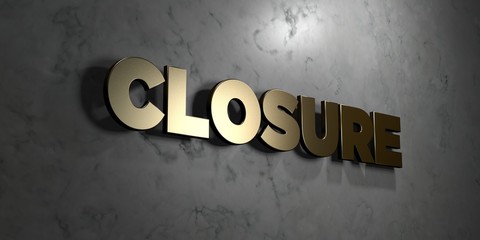 Closure - Gold sign mounted on glossy marble wall  - 3D rendered royalty free stock illustration. This image can be used for an online website banner ad or a print postcard.
