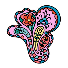 Doodle design element, abstract colorful flowers with yellow, pink, blue, red colors and black thin line outlines. Hand drawn paisley isolated on white background. Vector illustration.