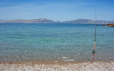 Fishing rod on a beach, Mallorca, Spain