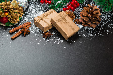 Christmas cookies with candy, cone and fir festive decoration with snow
