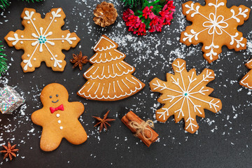 Christmas cookies with candy, cone and fir festive decoration with snow