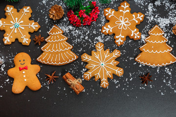Christmas cookies with candy, cone and fir festive decoration with snow
