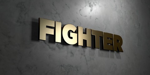 Fighter - Gold sign mounted on glossy marble wall  - 3D rendered royalty free stock illustration. This image can be used for an online website banner ad or a print postcard.