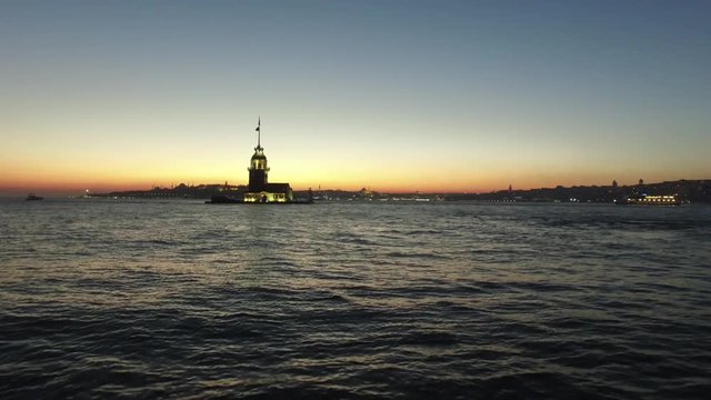 short film of the Maidens Tower on the Istanbul bosphorus sea with sunset