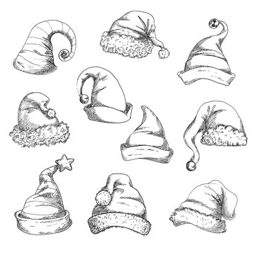 Santa hats pencil sketch icons