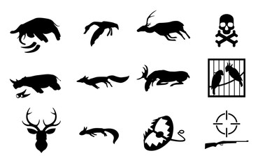 Vector set of poaching and illegal animal hunting and catching icons. Social problem of danger for safety of wildlife. Pictograms of dead animals, birds in cage, dummy, trap and gun. Stop poachers.