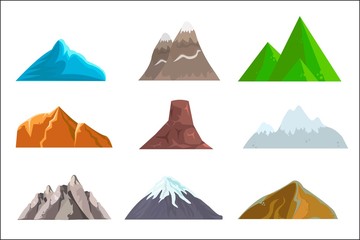 Cartoon hills and mountains set, vector isolated landscape elements for web or game design. Vector illustration. White background.