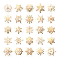 Set of gold snowflakes icons isolated on white background for christmas card, shop banner or flyer. Vector eps10 format.