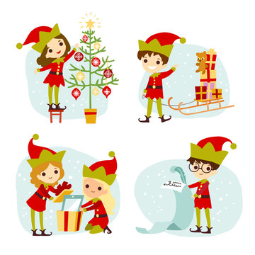Elves Santa's helpers cartoon vector illustration. Set of Santa Claus elf christmas kids for congratulation card, website, celebration, booklet and banner.