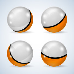 A set of orange and white glossy and shiny balls. Set of striped spheres on a white background. Striped balls isolated. Illustration of balls from different angles.