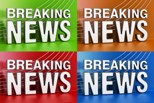 set of Breaking News screens with colored background, 3D renderi