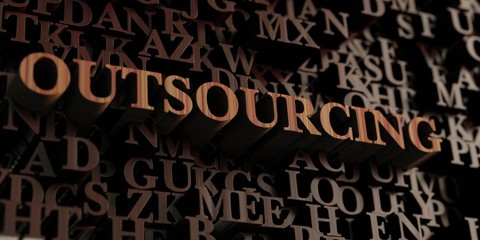 Outsourcing - Wooden 3D rendered letters/message.  Can be used for an online banner ad or a print postcard.