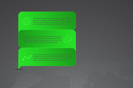 Modern green rectangle shape doodle infographics, timeline or diagram with outline icons and three options on dark gradient background with dotted world map. 