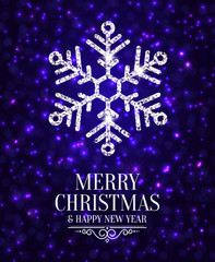 Elegant Christmas card with shining snowflake and bokeh lights on dark background. Vector.