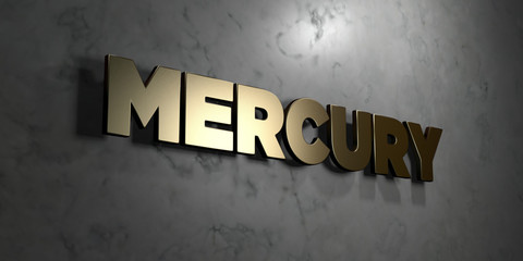 Mercury - Gold sign mounted on glossy marble wall  - 3D rendered royalty free stock illustration. This image can be used for an online website banner ad or a print postcard.