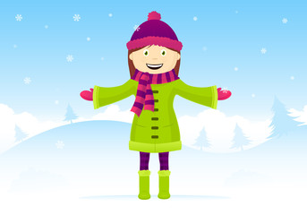 Fototapeta na wymiar It's Snowing. Smiling Girl Standing with Arms Wide Open on Winter Day. 