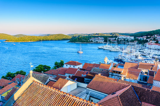 Korcula town landscape aerial. / Aerial view at amazing Korcula town, popular touristic destination in Croatia.