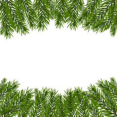 Fototapeta na wymiar Green, realistic fir branches. Fir branches with the top and bottom of the picture. Isolated on white background. Christmas illustration