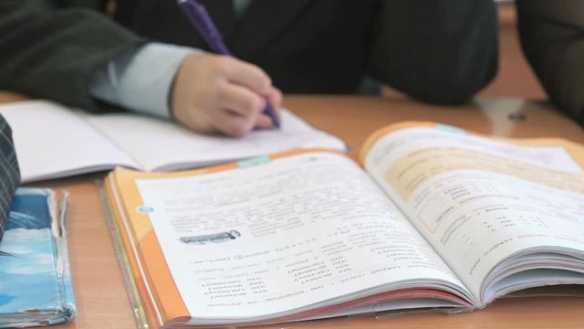 Boy sitting at the desk making home task at school